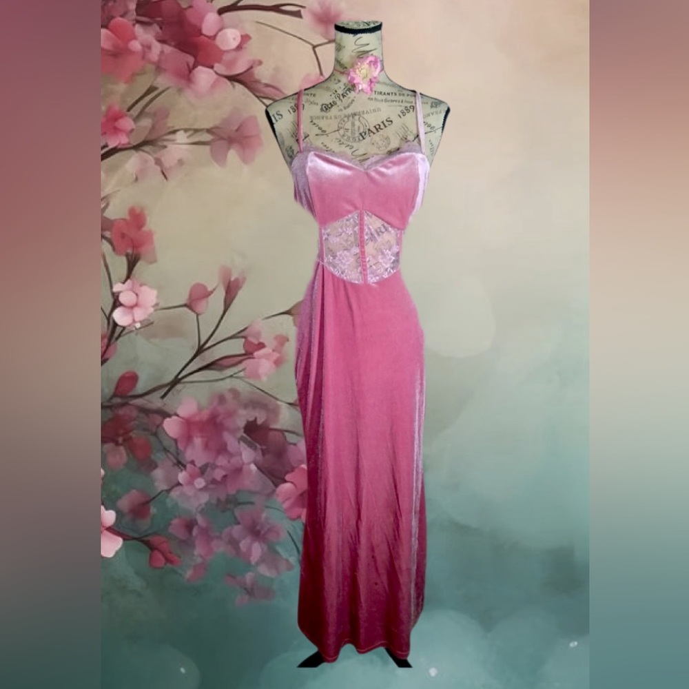 Pink Velvet Lace-Trim Slip Dress